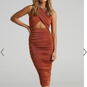 NWT SELITA RUCHED HIGH NECK MIDI DRESS IN RUST